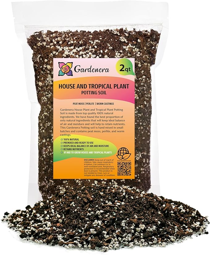 Bag of Gardenera house and tropical plant potting soil with visible label.