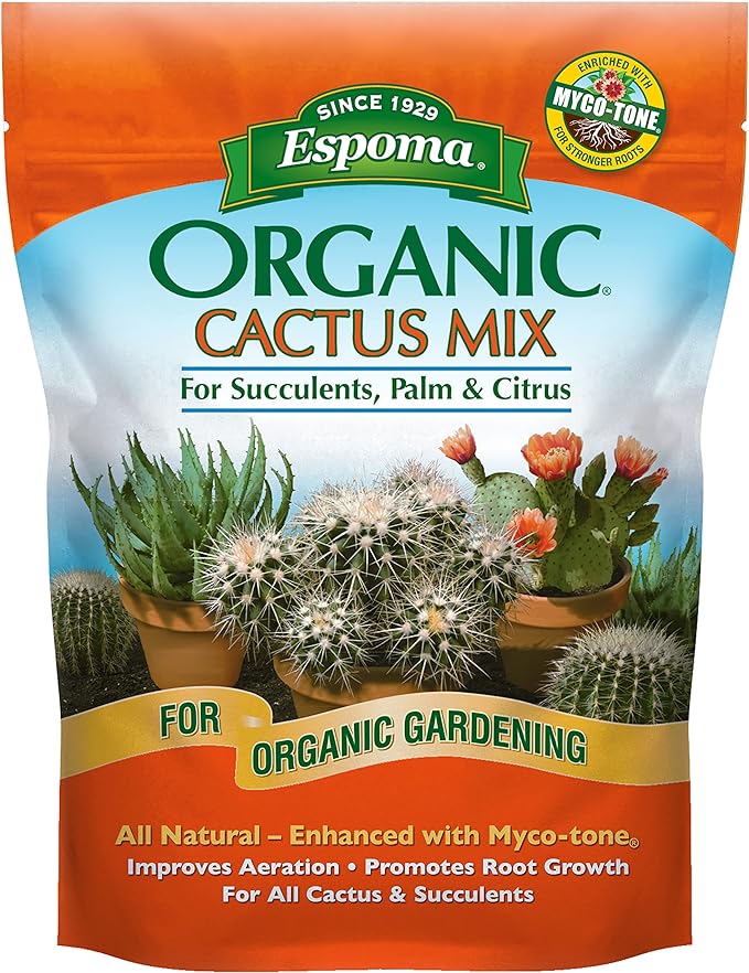 Espoma Organic Cactus Mix packaging with images of cacti and succulents on an orange and blue background.
