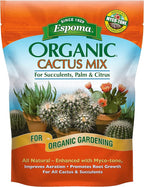 Espoma Organic Cactus Mix packaging with images of cacti and succulents on an orange and blue background.