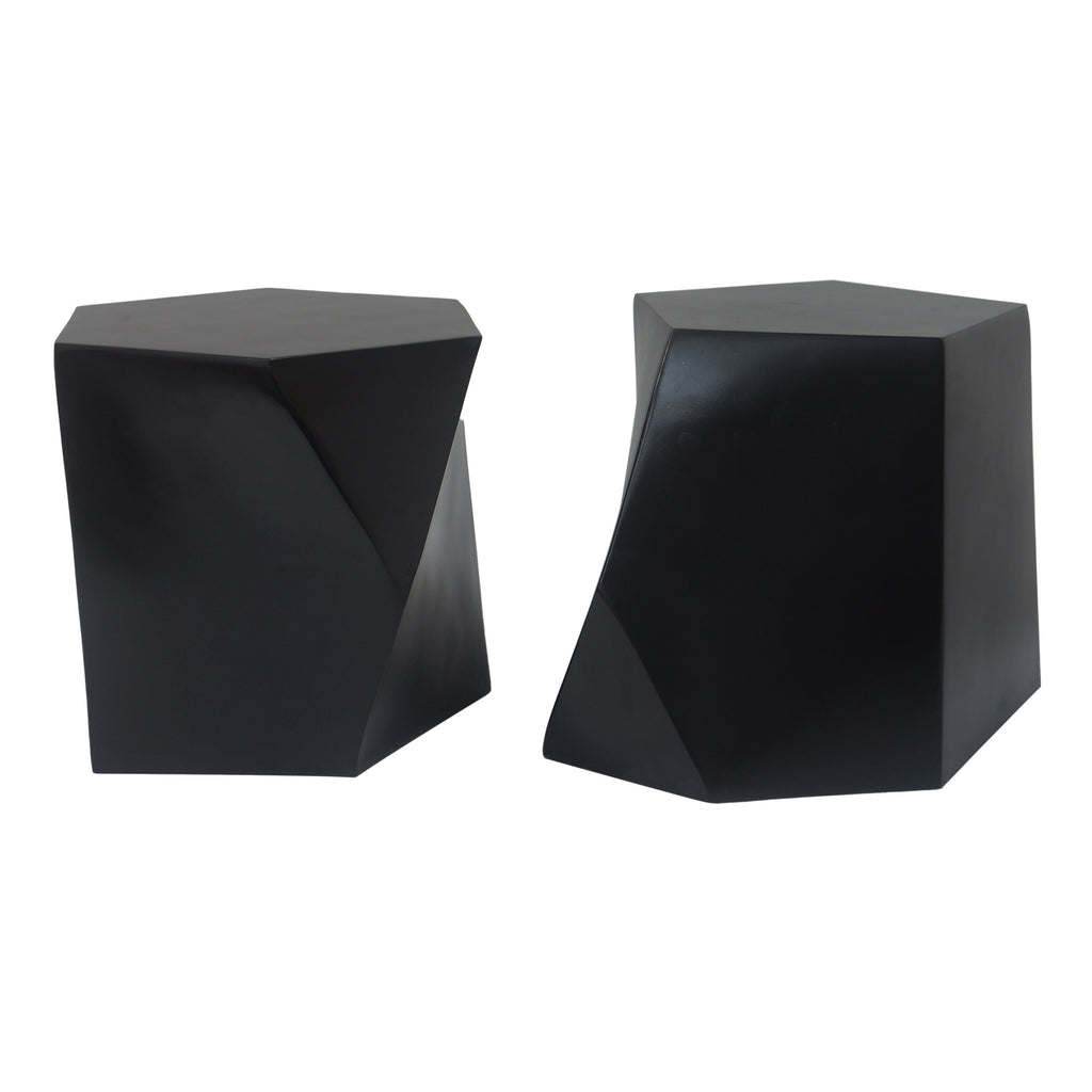 Two black geometrically shaped tables on a white background