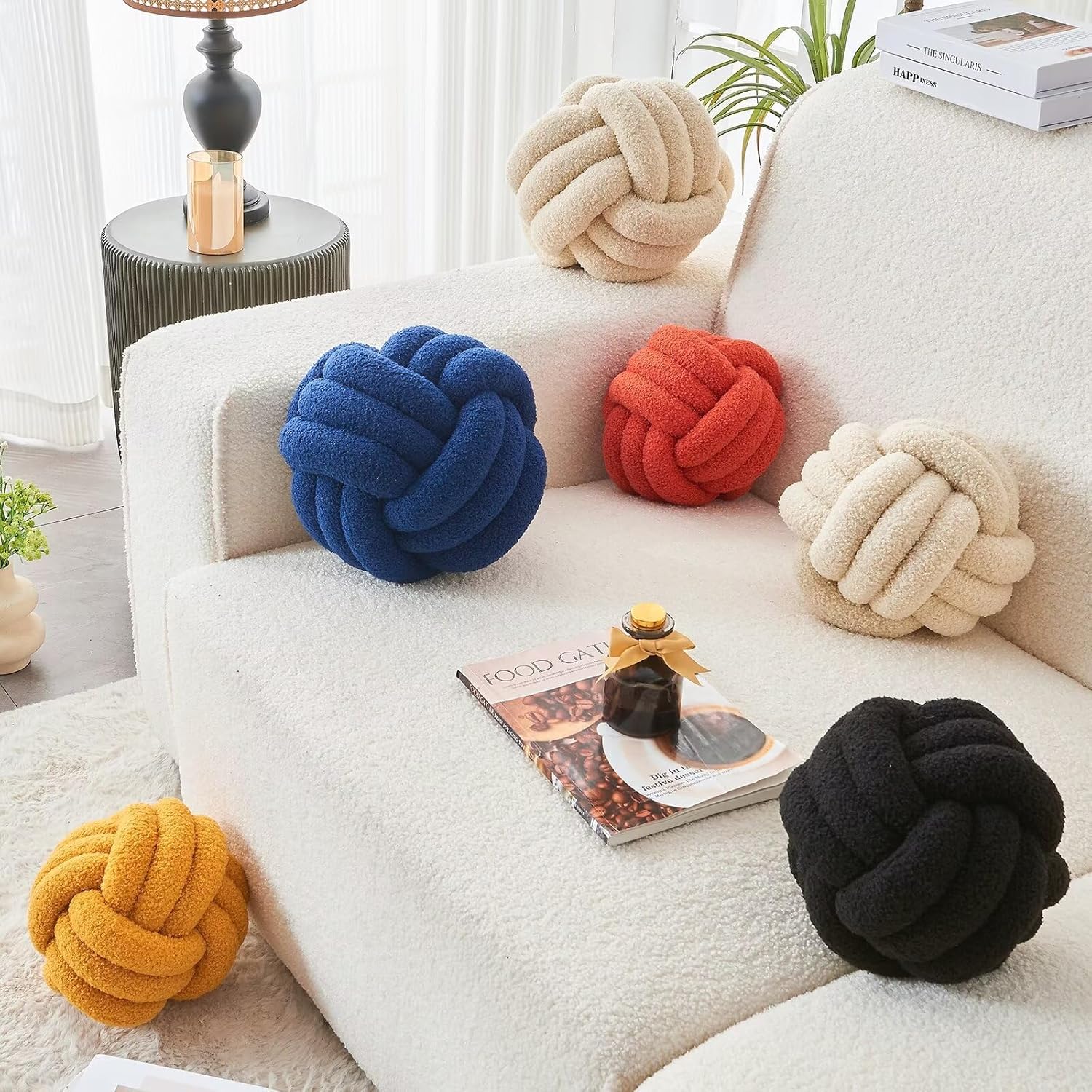 Decorative Throw Knot Pillow Ball for Home Chair Sofa Couch Bed Aesthetic Round Decor Pillows Lambswool Knotted Pillow Cushion (Beige, 8inches)