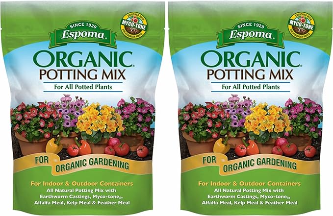 Two packages of Espoma Organic Potting Mix for potted plants on a white background.