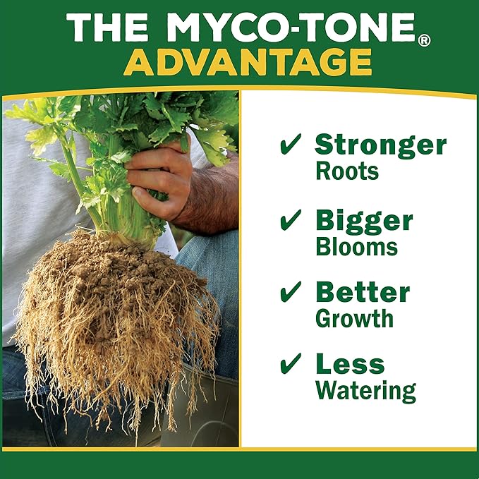 Advertisement for Myco-Tone with a hand holding a plant with visible roots, and text listing benefits.