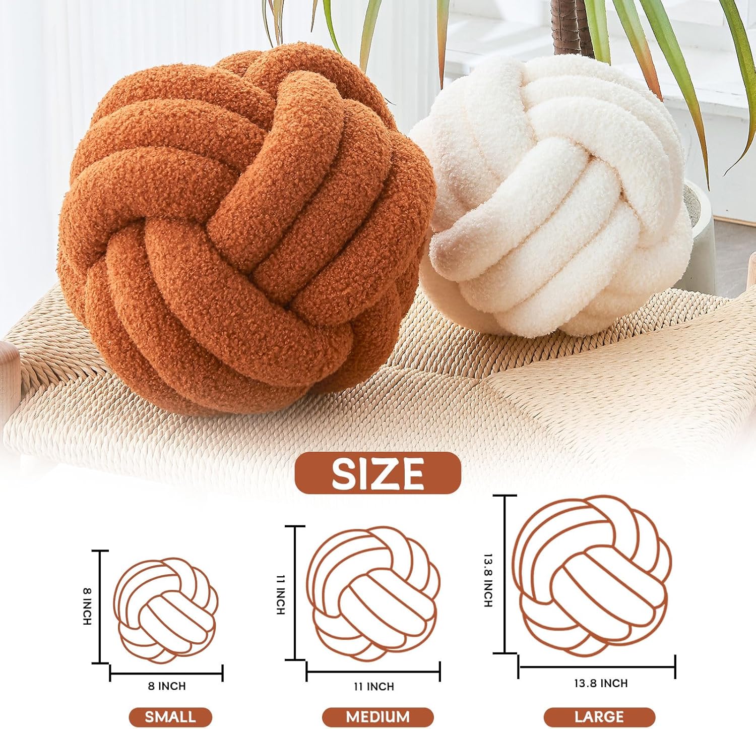 Decorative Throw Knot Pillow Ball for Home Chair Sofa Couch Bed Aesthetic Round Decor Pillows Lambswool Knotted Pillow Cushion (Beige, 8inches)