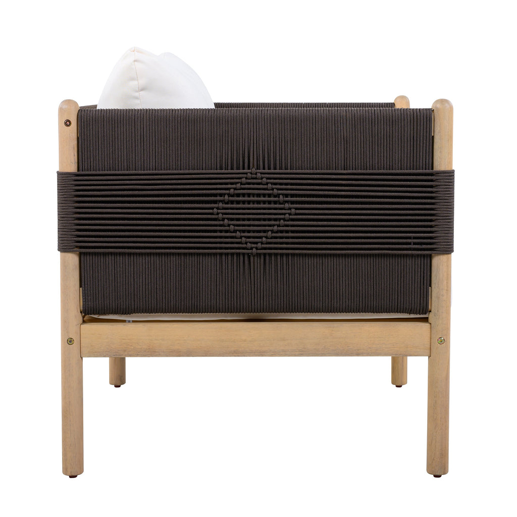 Bench with woven backrest and wooden frame on a white background