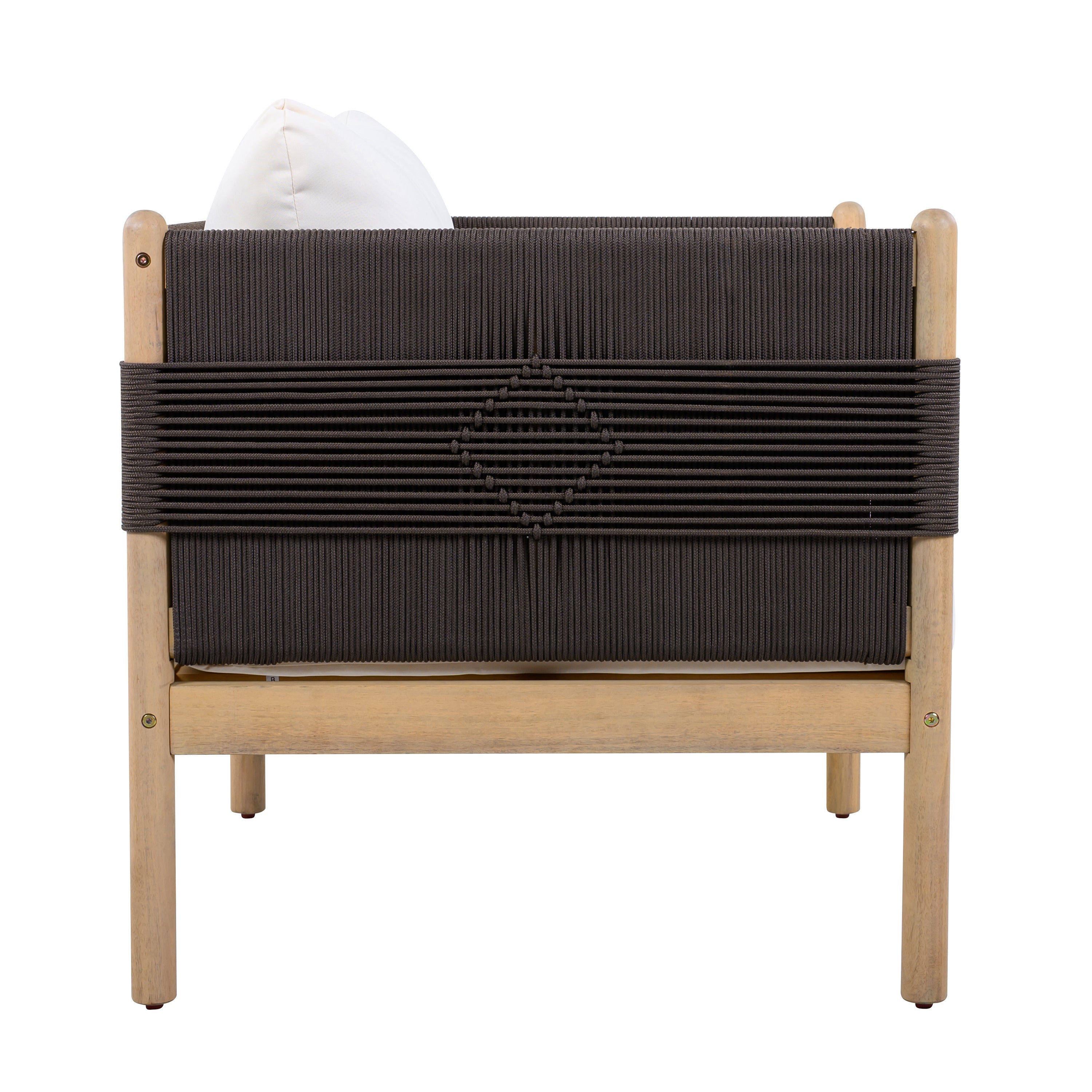 Bench with woven backrest and wooden frame on a white background