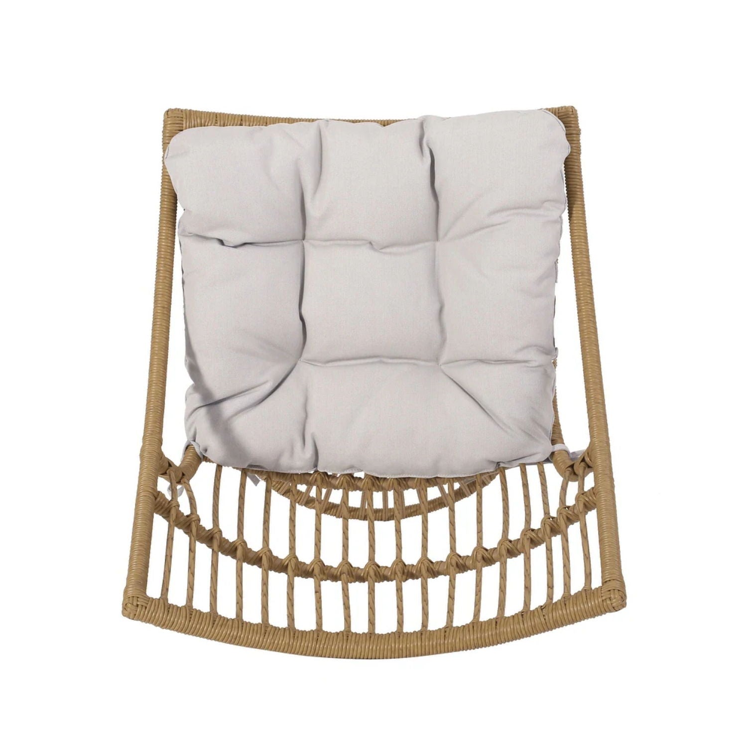 Woven chair with a gray cushion on a white background