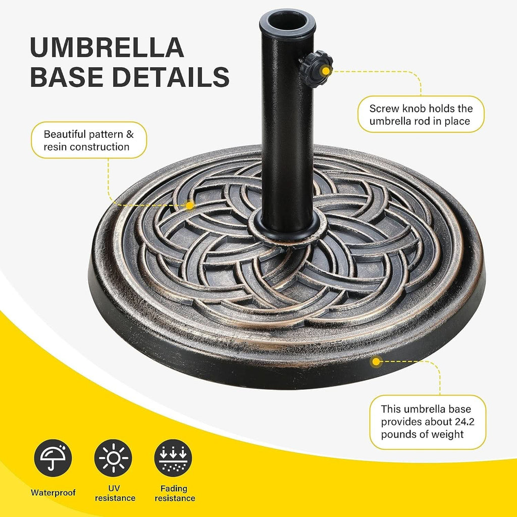 Umbrella base with detailed features and specifications on a white background
