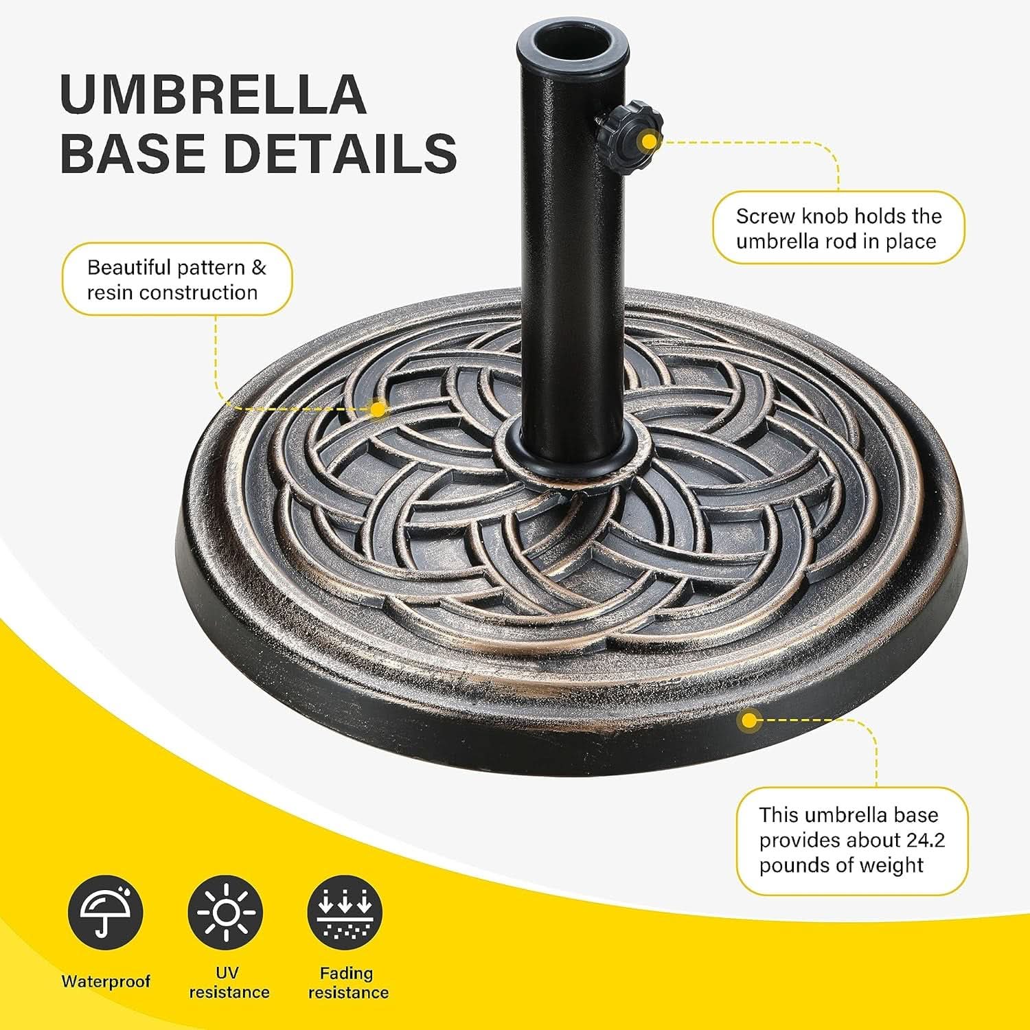 Umbrella base with detailed features and specifications on a white background