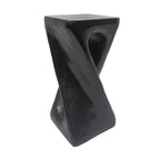 Black, twisted side table on a white background