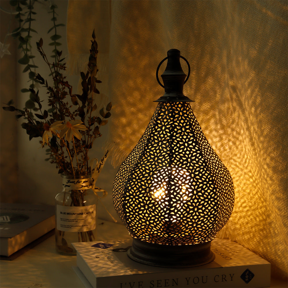 Moroccan Metal Table Lamp Battery Powered Cordless Lamp with LED Fairy Lights Bulb 12''H
