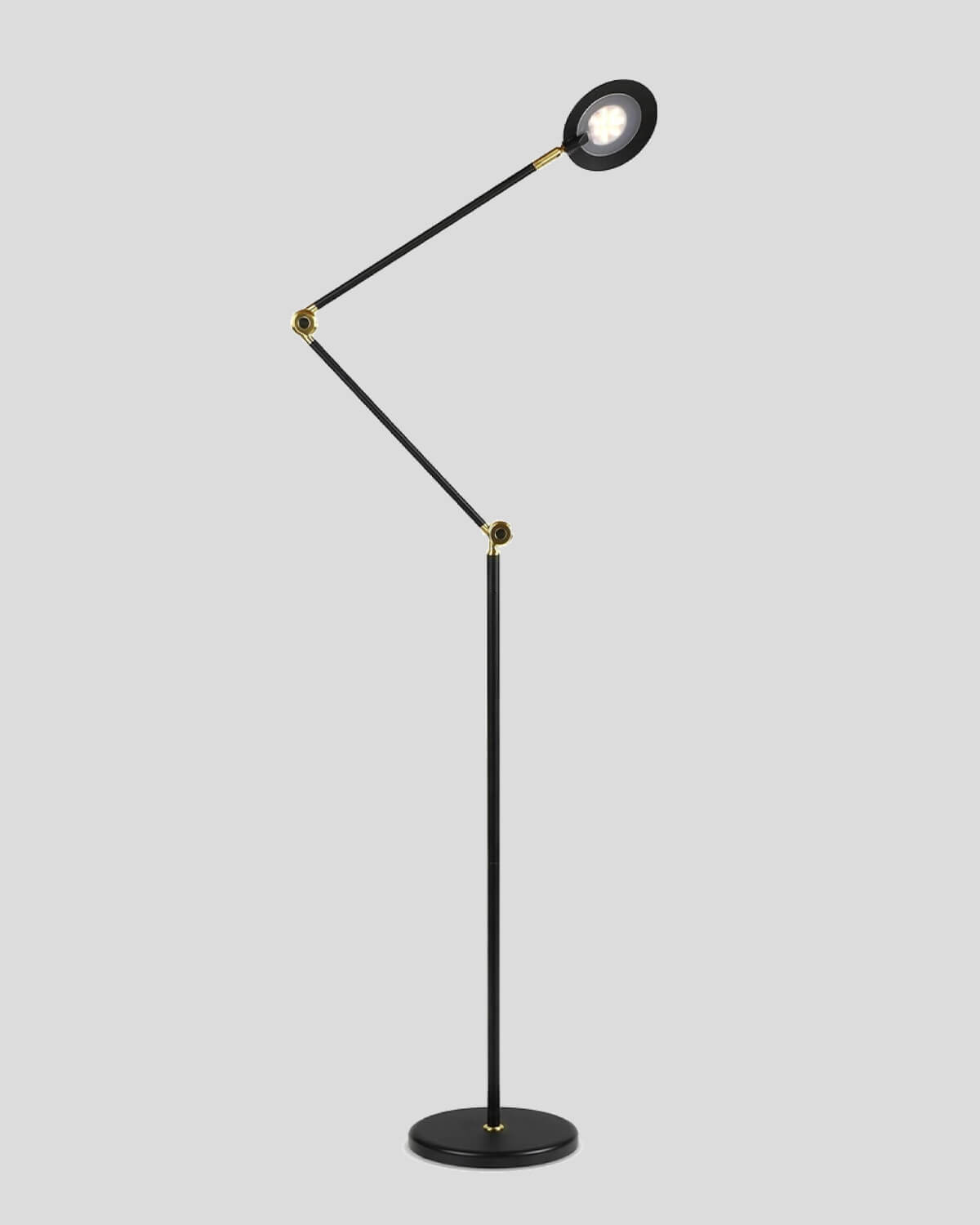 Modern black floor lamp with adjustable arm on a gray background