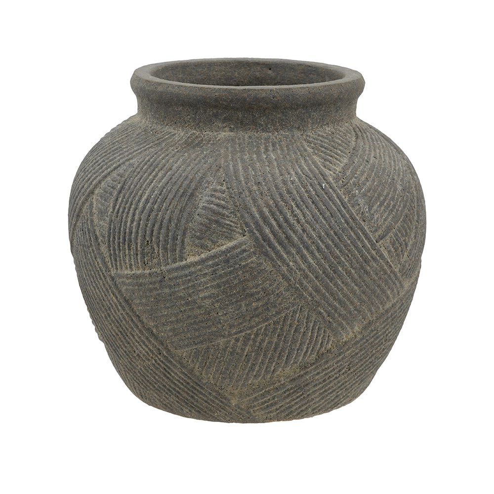 A dark gray textured ceramic pot with a ribbed geometric pattern, shown against a plain white background.