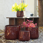Set of brown ceramic planters with flowers on a stone surface
