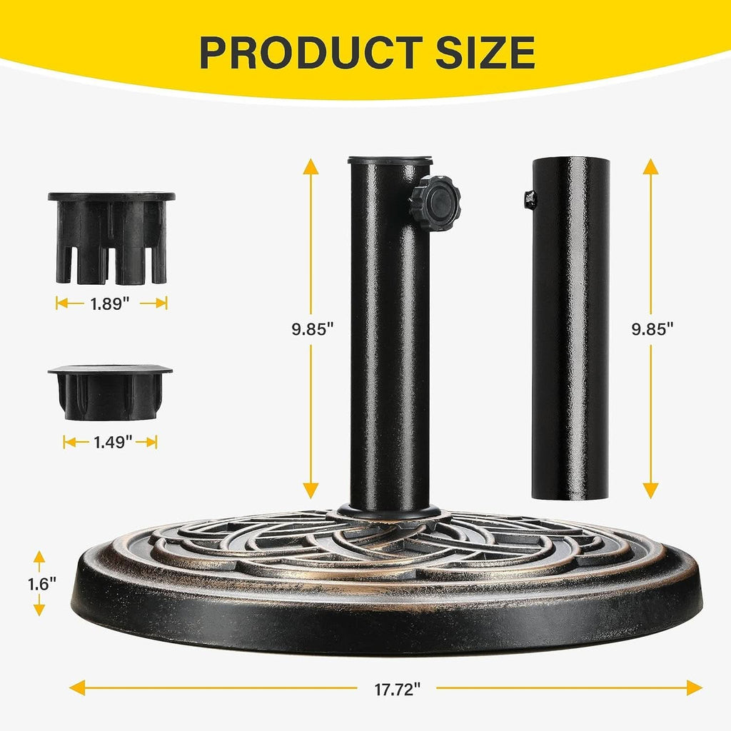 Black metal umbrella stand with measurements on a white background