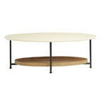 Two-tiered coffee table with white top and wooden bottom on a white background
