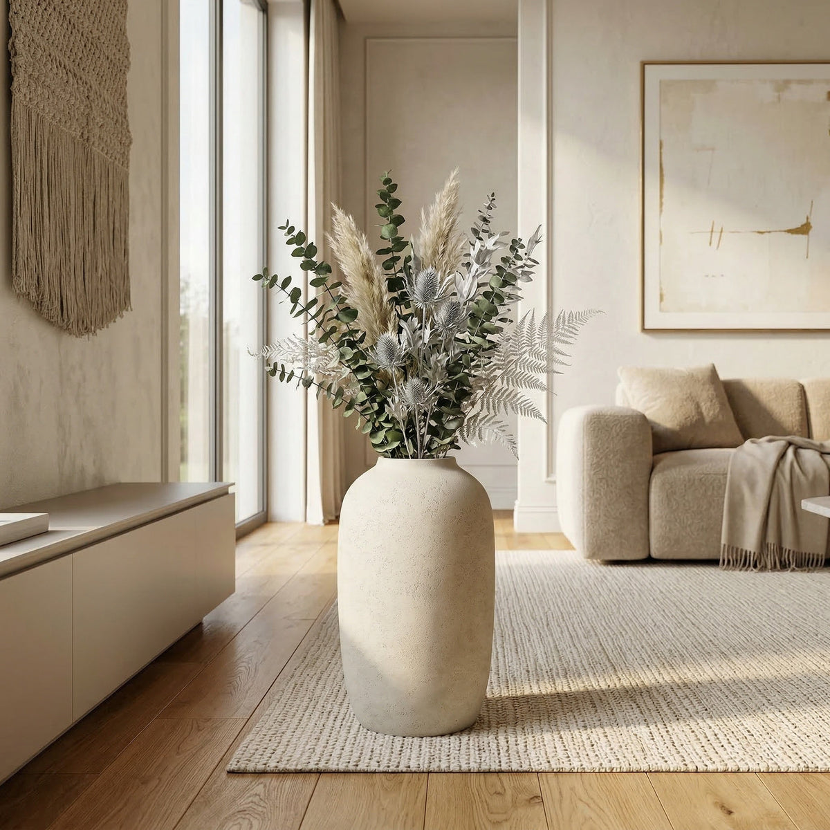 Living room with a vase of flowers on a coffee table