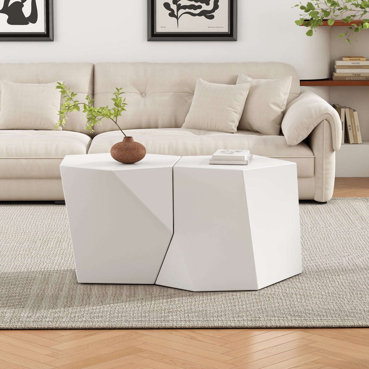 Modern living room with a beige sectional sofa, white coffee table, and decorative elements.