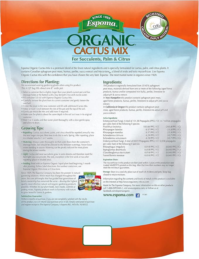 Espoma Organic Cactus Mix packaging with orange and blue design