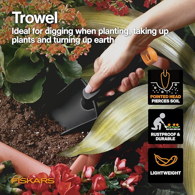 Gardening trowel being used with text highlighting features and Fiskars branding.