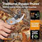 Fiskars traditional bypass pruner with text highlighting features on a tree branch background
