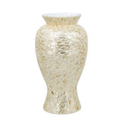 A decorative ceramic vase with a textured mosaic pattern of gold and cream pieces, set against a plain white background.