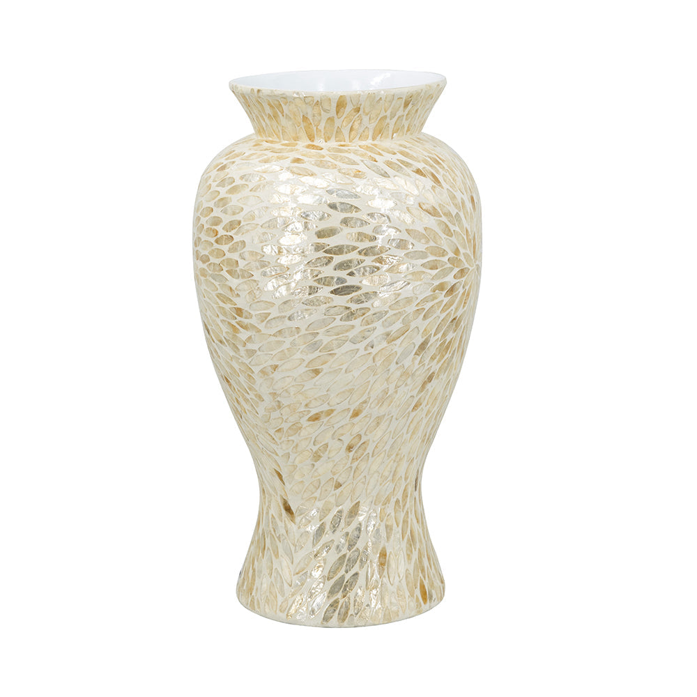 A decorative ceramic vase with a textured mosaic pattern of gold and cream pieces, set against a plain white background.