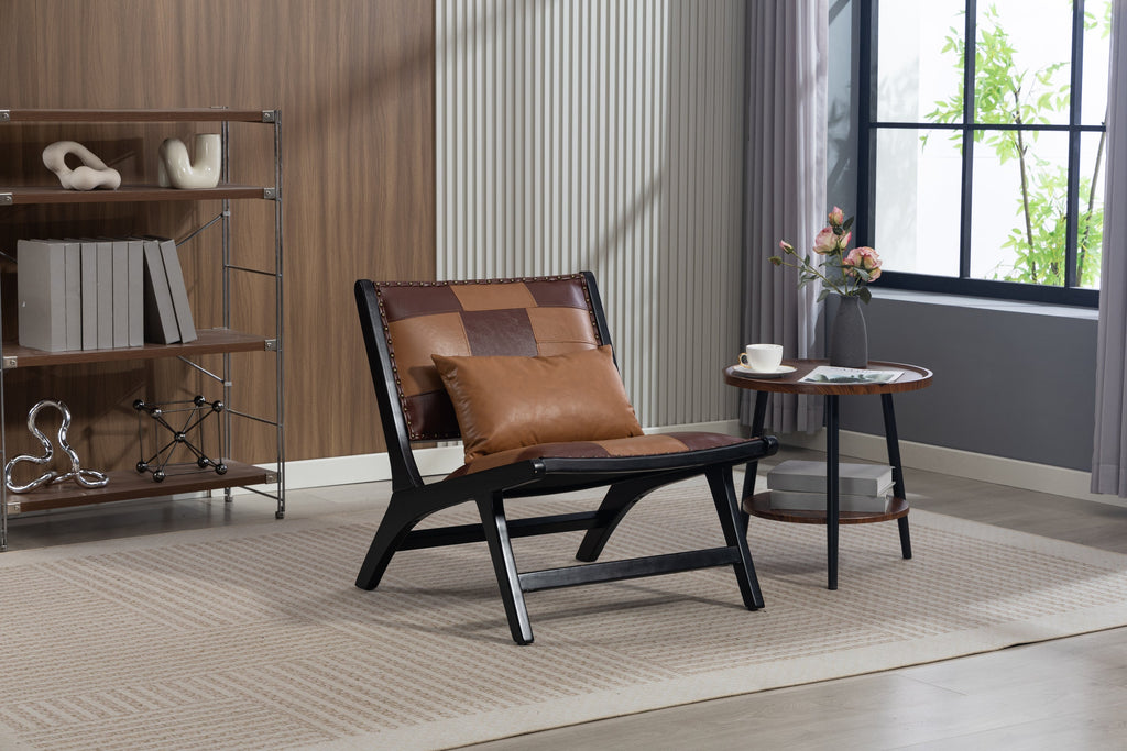 Modern living room with a brown and black chair, side table, and bookshelf.