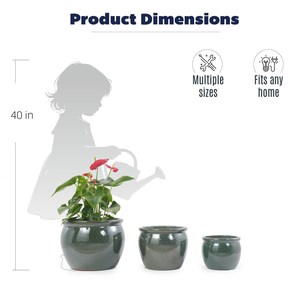 Product dimensions graphic showing three dark green ceramic planters in different sizes with a small potted red flower, alongside a 40-inch height marker, a watering can silhouette, and icons for multiple sizes and home fit.