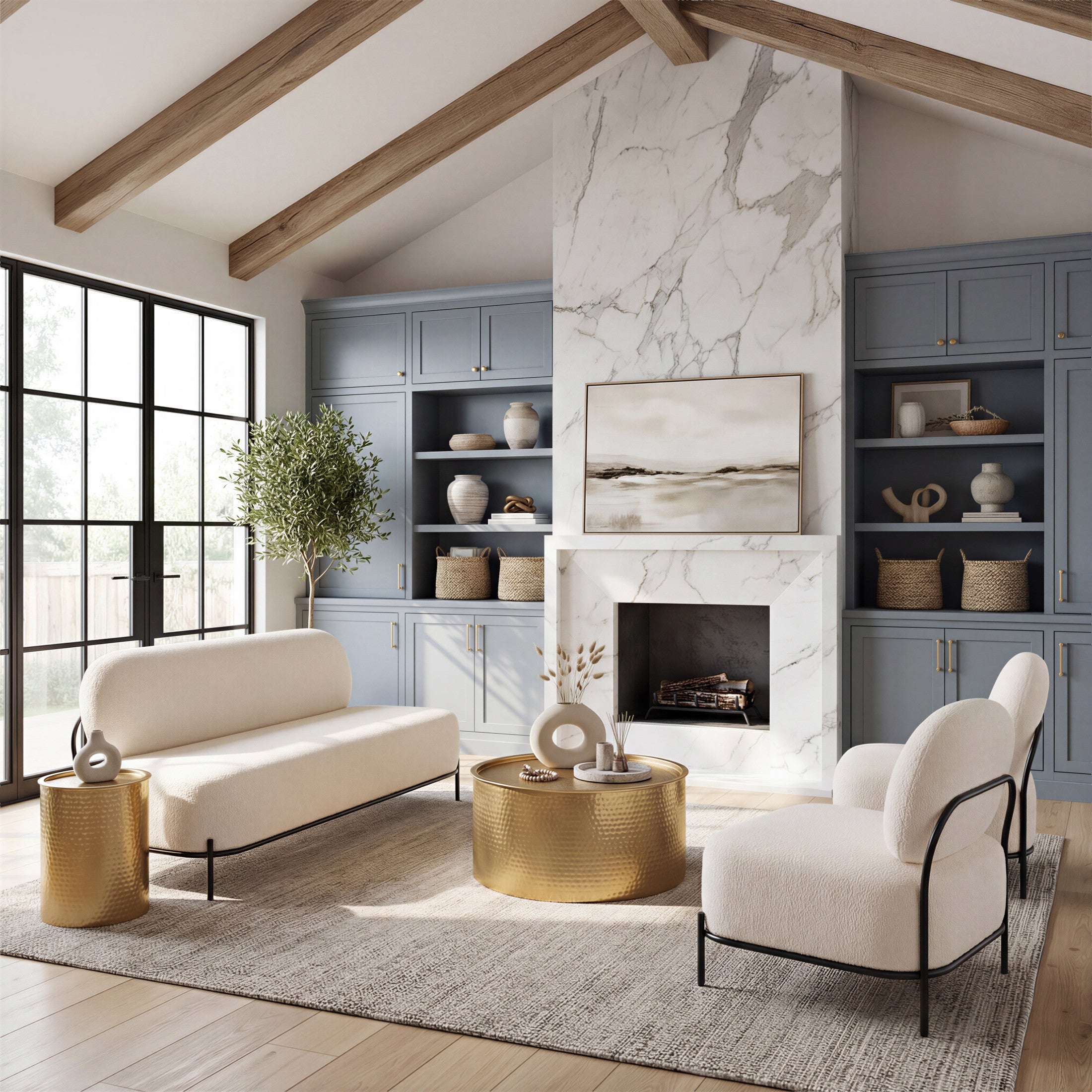 Modern living room with white sofa, gold coffee table, and marble fireplace.