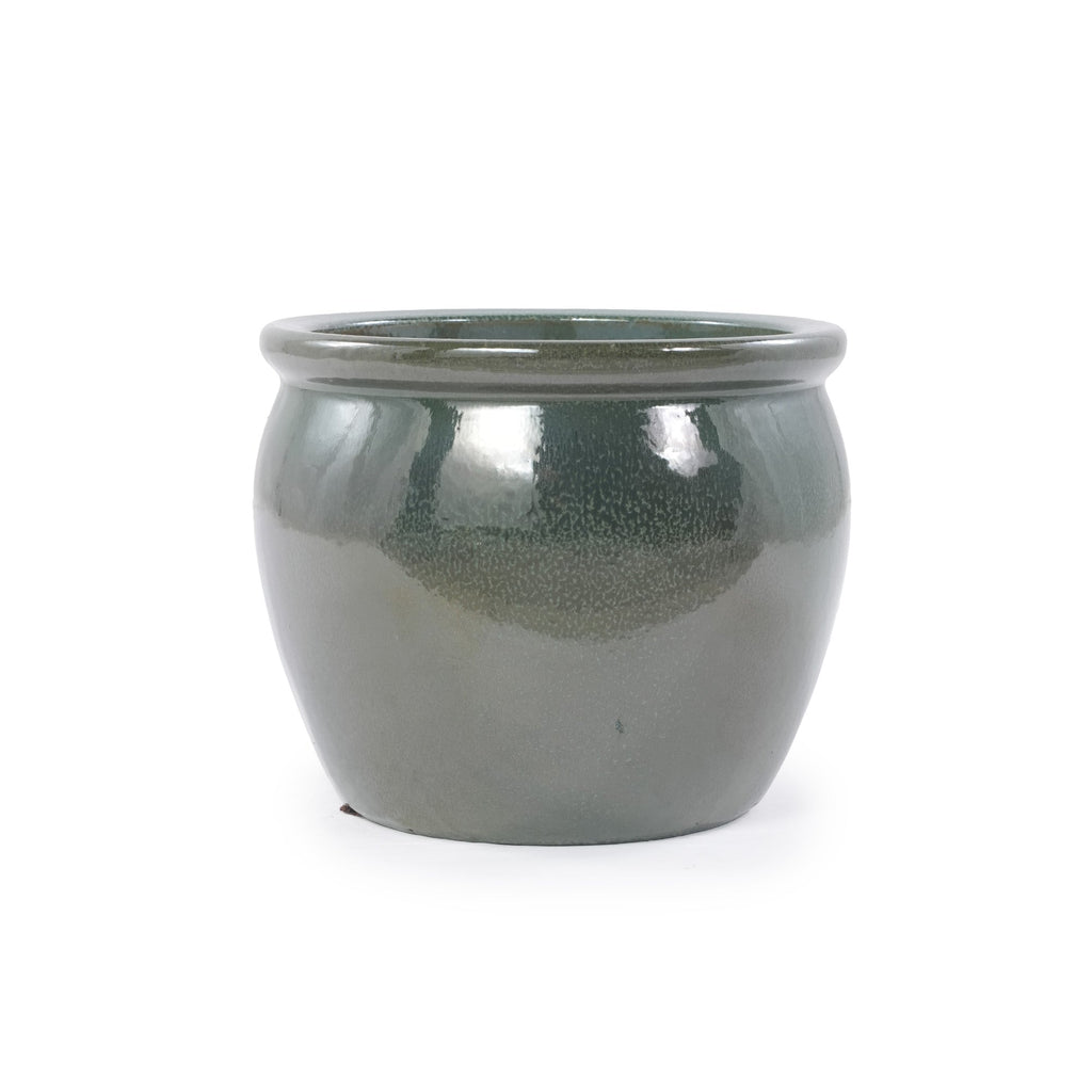 A small round ceramic planter pot with a glossy dark green glaze and a wide rim, shown on a plain white background.