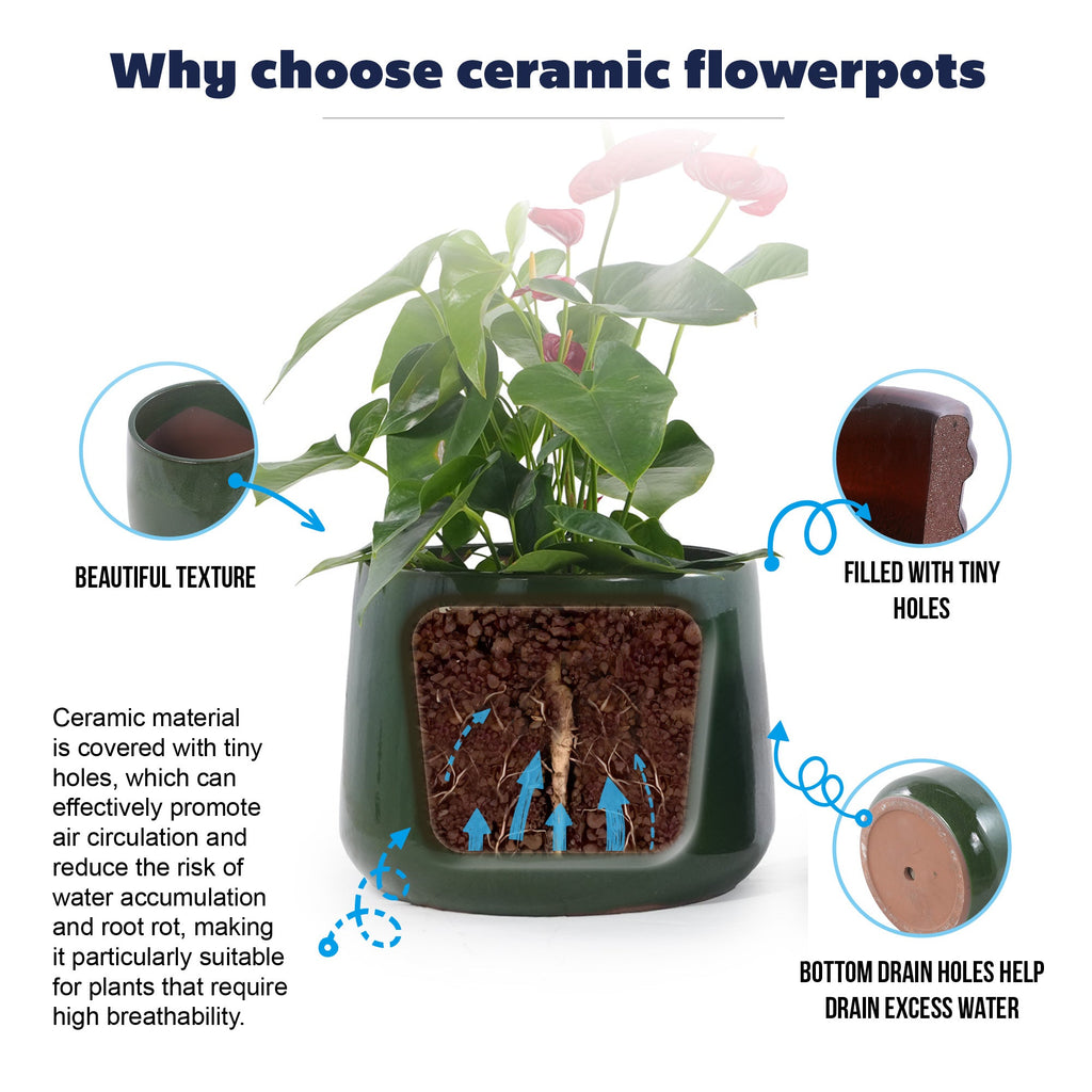 A dark green ceramic flowerpot with a plant and pink flowers, shown on a white background with callout circles and text explaining its features: beautiful texture, filled with tiny holes, and bottom drain holes.
