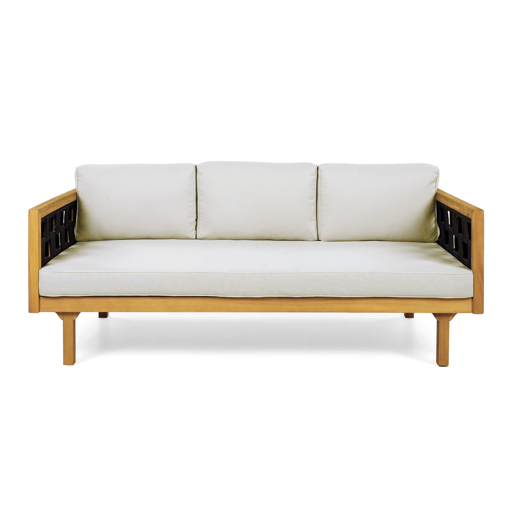 Wooden sofa with white cushions on a white background