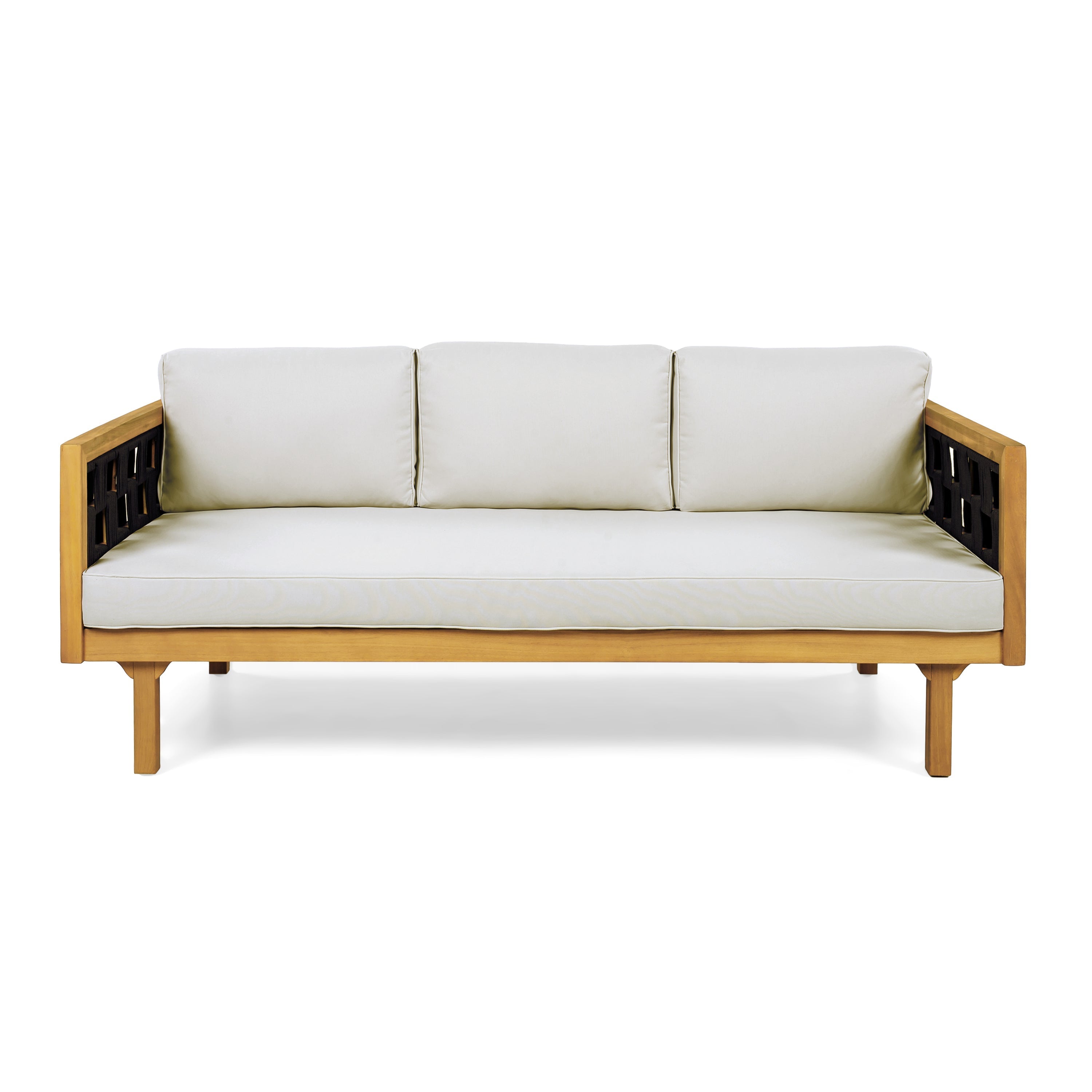 Wooden sofa with white cushions on a white background
