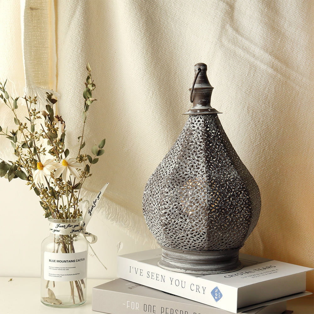 Moroccan Metal Table Lamp Battery Powered Cordless Lamp with LED Fairy Lights Bulb 12''H