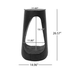 Black cylindrical side table with dimensions labeled on a white background