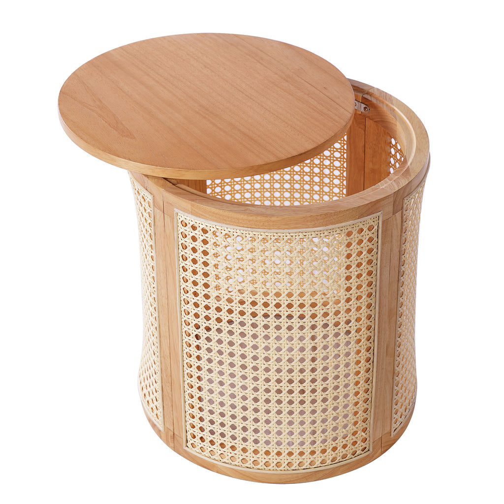 Wooden side table with wicker basket design on a white background