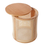 Wooden side table with wicker basket design on a white background