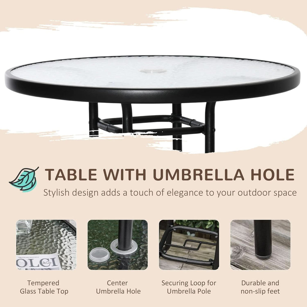 Round glass table with umbrella hole on a beige background