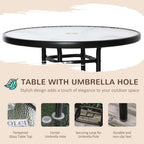 Round glass table with umbrella hole on a beige background