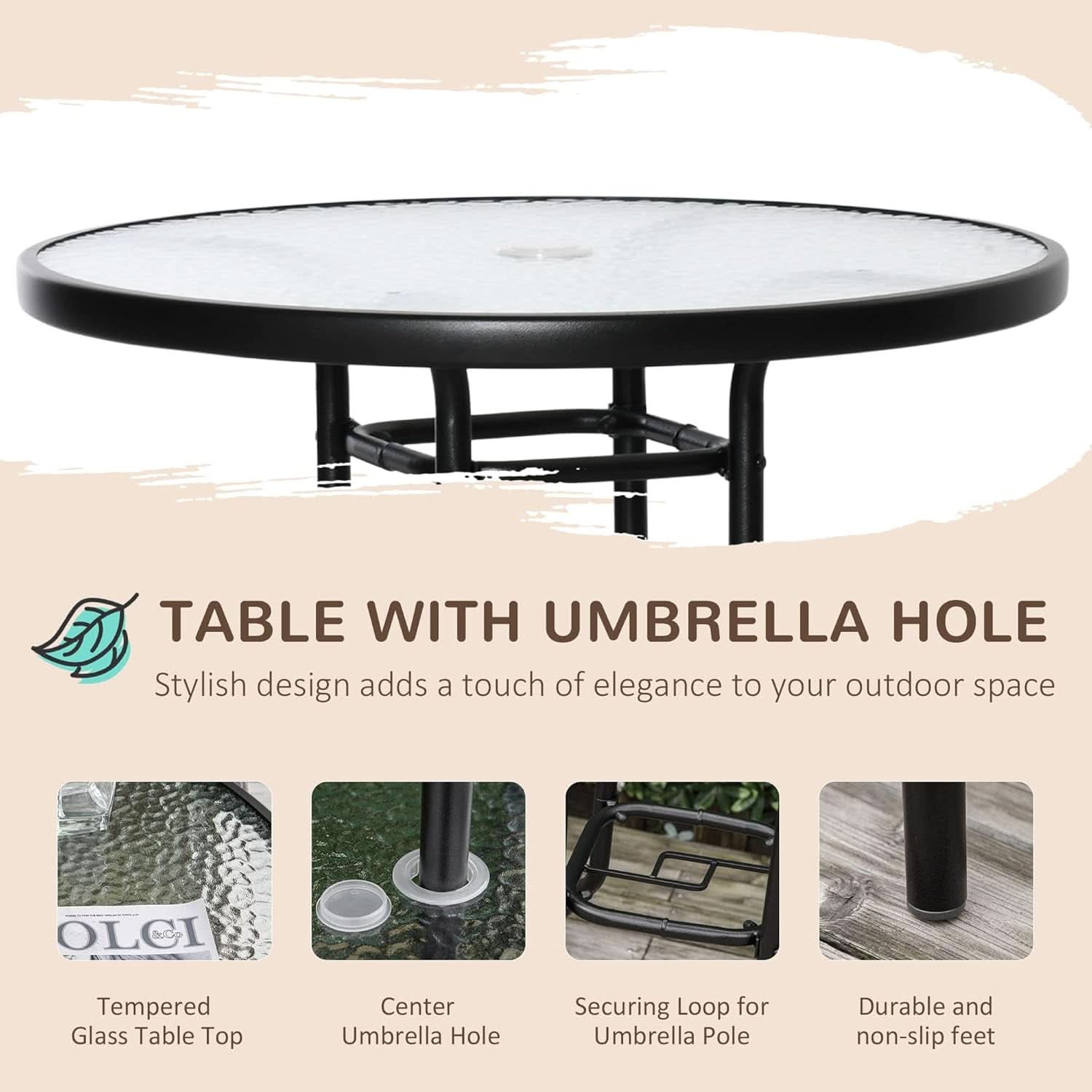 Round glass table with umbrella hole on a beige background