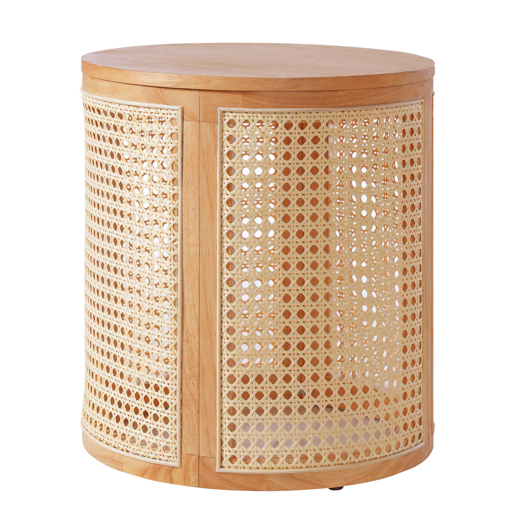 Round side table with wooden top and wicker sides on a white background