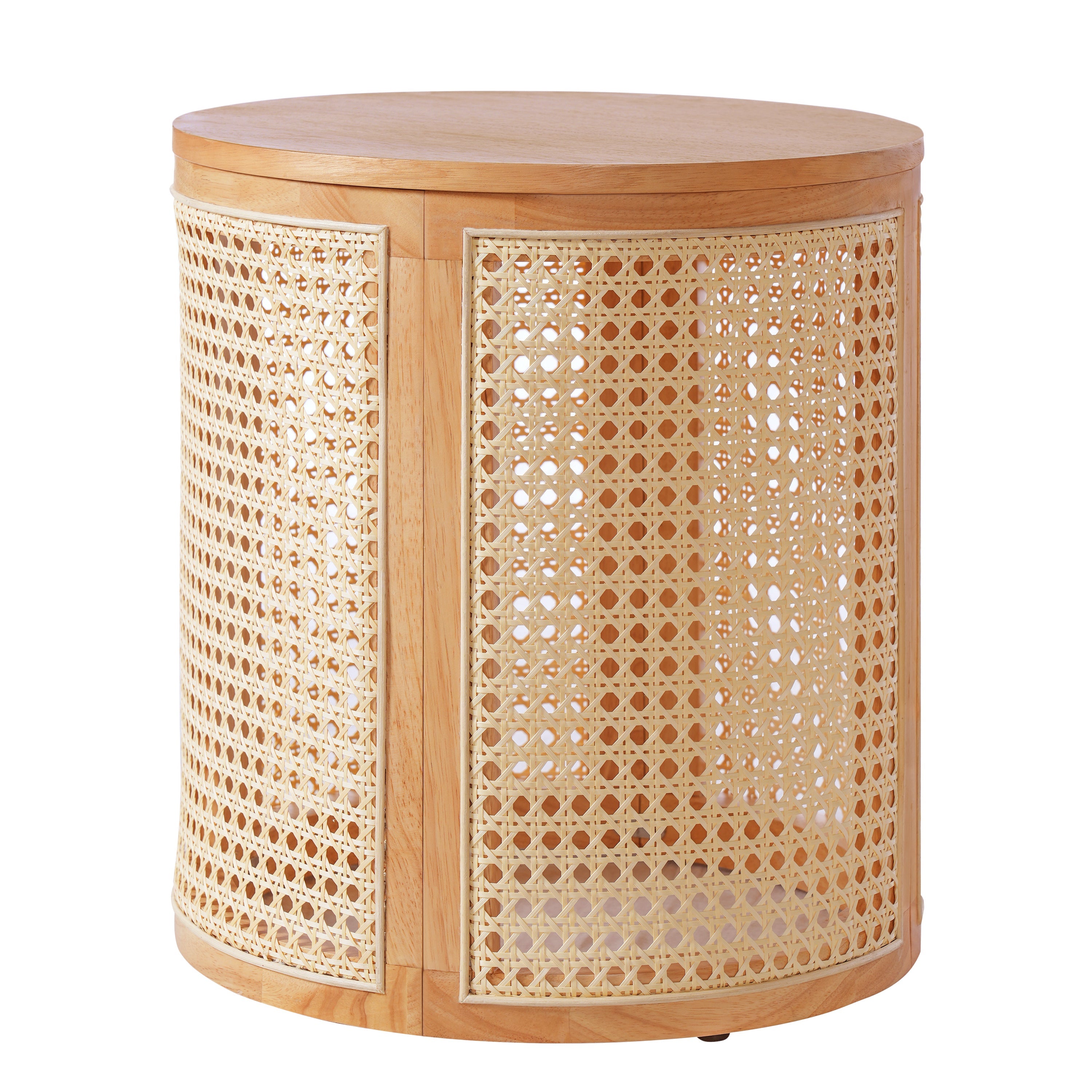 Round side table with wooden top and wicker sides on a white background