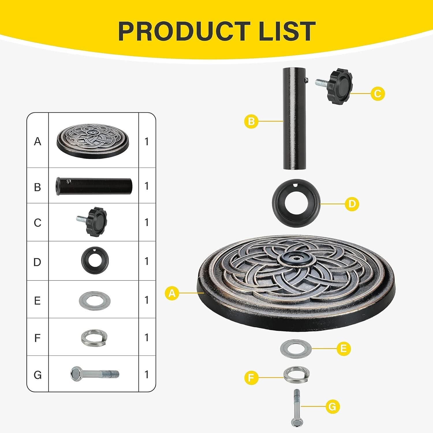 Product list with components labeled for a decorative item on a white background.