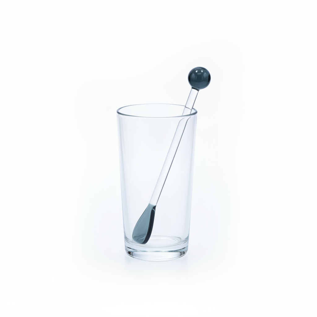 Clear glass with a metal stirrer and black ball on a white background