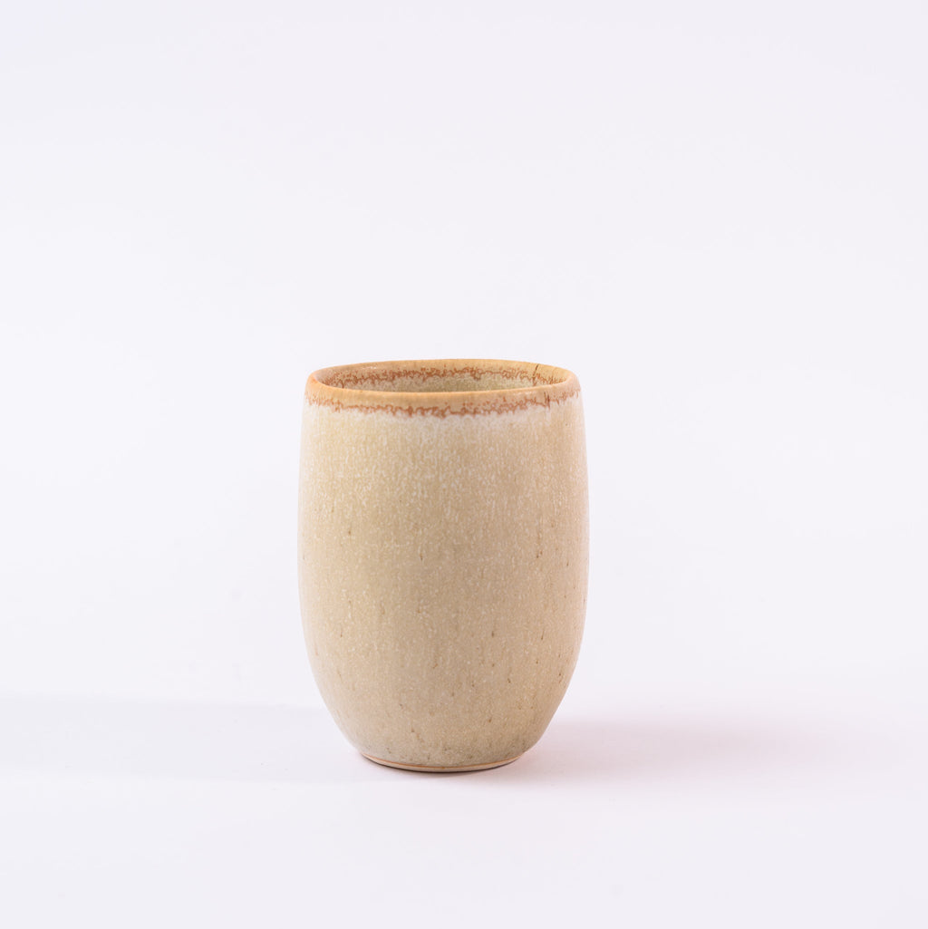 Beige ceramic cup with a brown rim on a white background