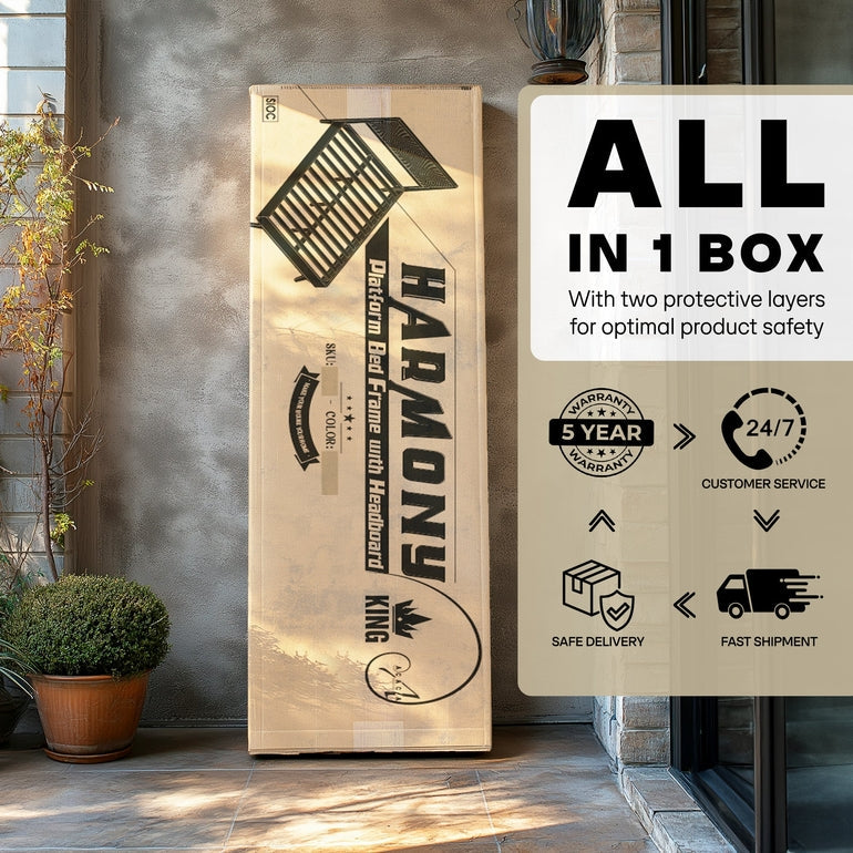 Wooden box with 'Harmony' branding and promotional text about product safety and delivery.