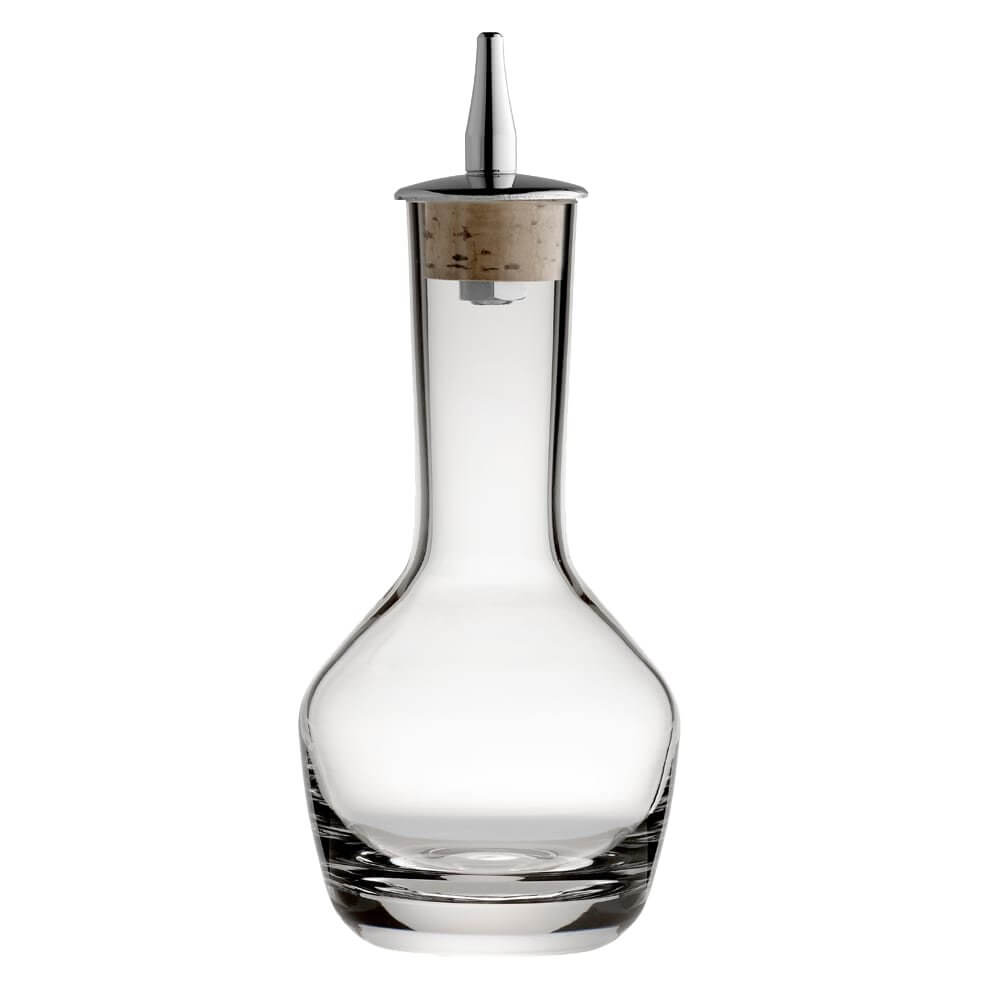 Clear glass decanter with wooden stopper on a white background