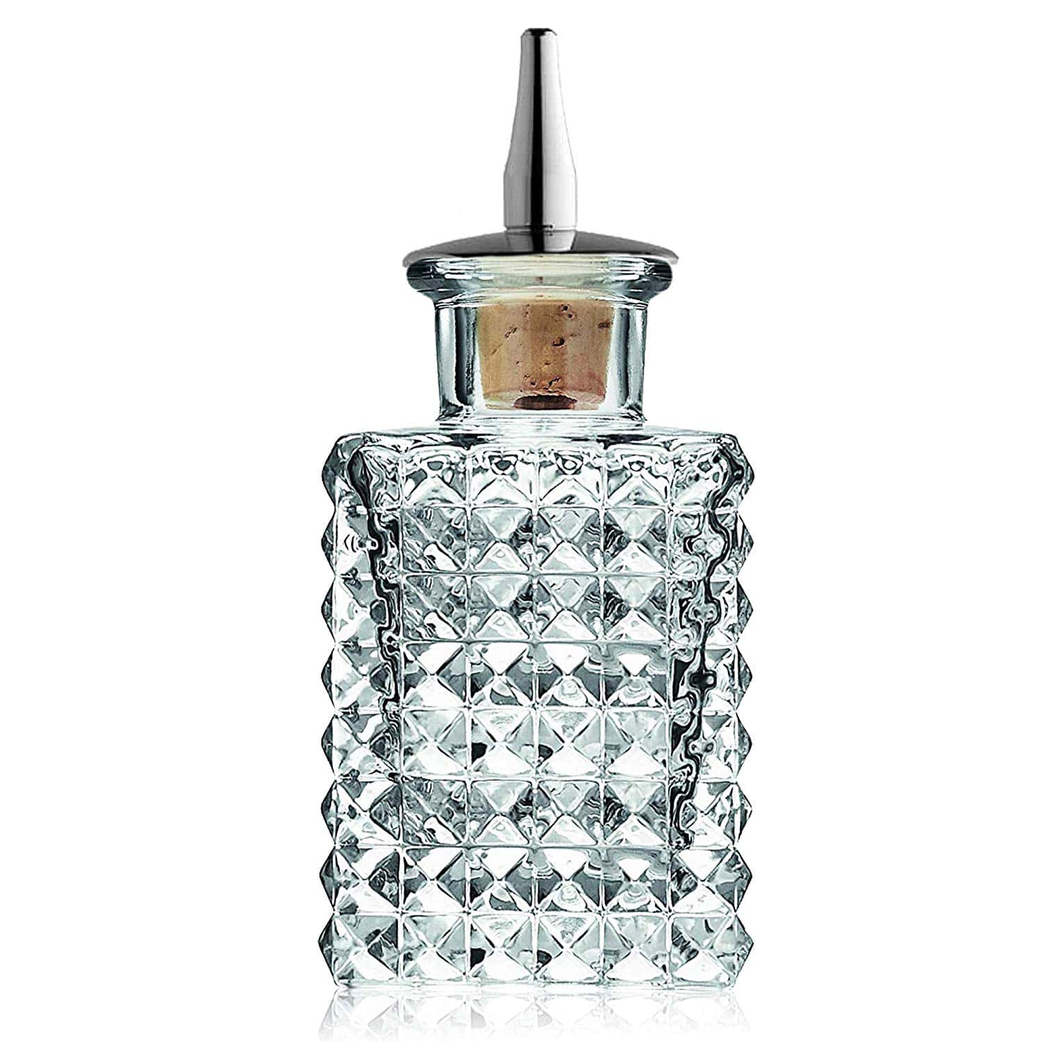 Crystal glass bottle with diamond pattern on a white background