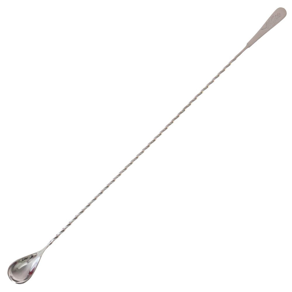 Long-handled silver spoon on a white background